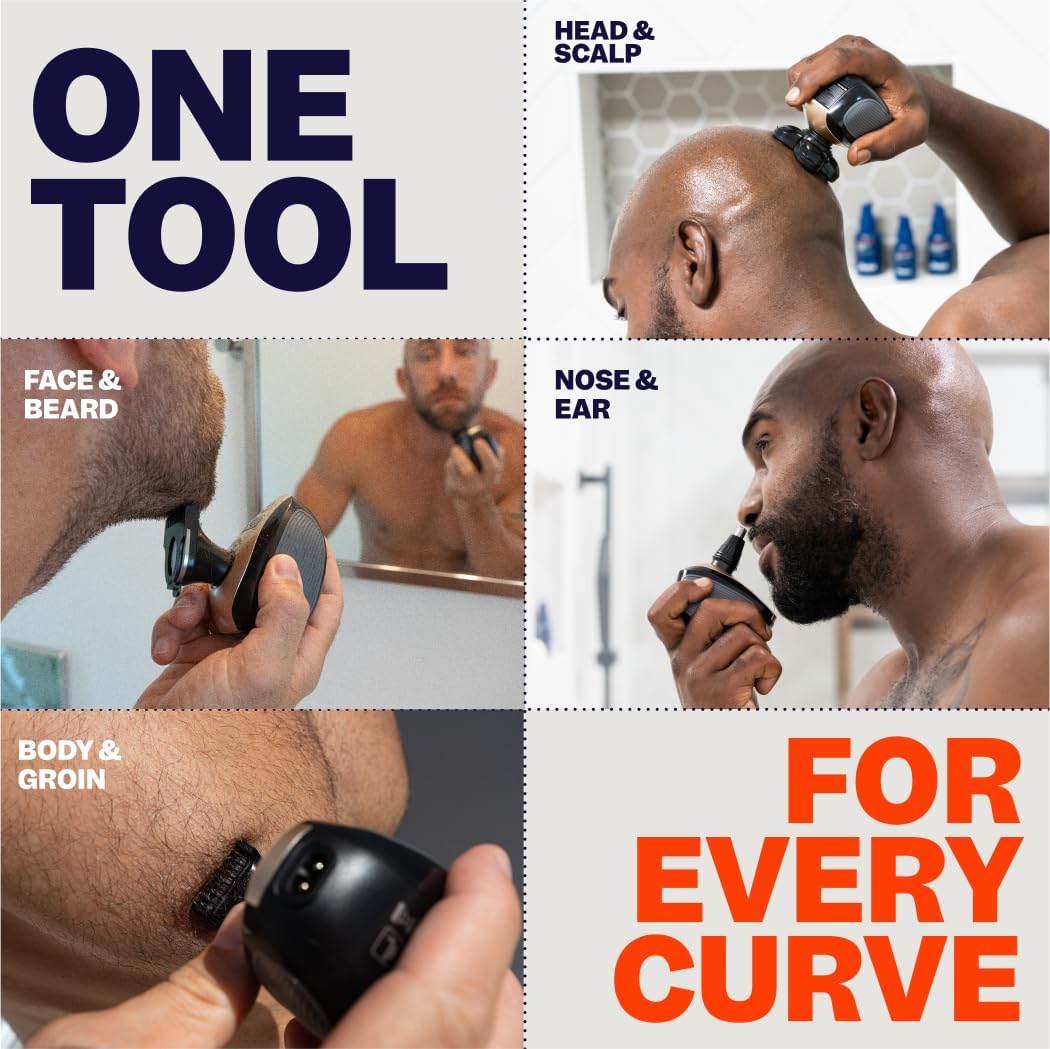 The Barber - Electric Head Hair Shaver - Cordless Rechargeable Wet/Dry Skull & Bald Head Waterproof Rotary Blades, Clippers, Nose Trimmer, Brush, Massager